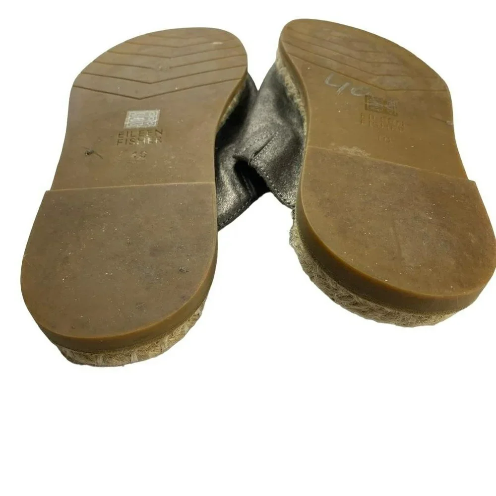 Eileen Fisher Metallic Pewter Milly Mule Espadrille Leather‎ Open Toe Sandals 10